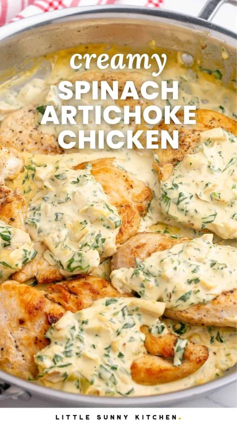 One-pan Creamy Spinach Artichoke Chicken is just like your favorite hot dip, and an impressive meal that you can make in less than 30 minutes. Chicken Artichoke Recipes Healthy, Chicken And Artichoke Recipes, Spinach Chicken Recipes, Spinach Artichoke Dip Chicken, Chicken Bacon Artichoke, Creamy Artichoke Chicken, Chicken And Spinach Recipes, Chicken Artichoke Recipes, Creamy Spinach Artichoke Chicken