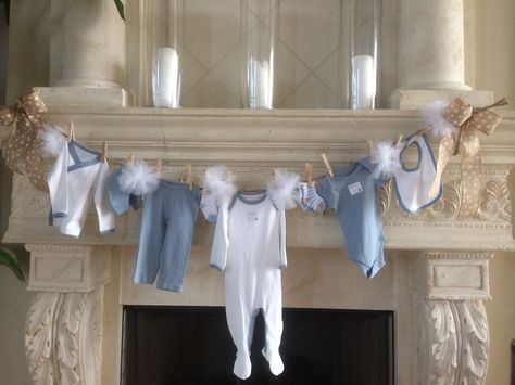 Sweet baby shower clothesline Onsie Clothesline Decoration, Baby Clothesline Decoration, Baby Clothes Garland, Clothes Line Baby Shower Decoration, Clothesline Baby Shower Decor, Stork Baby Shower Ideas, Baby Shower Clothes Line, Onesie Garland, Barely Wait