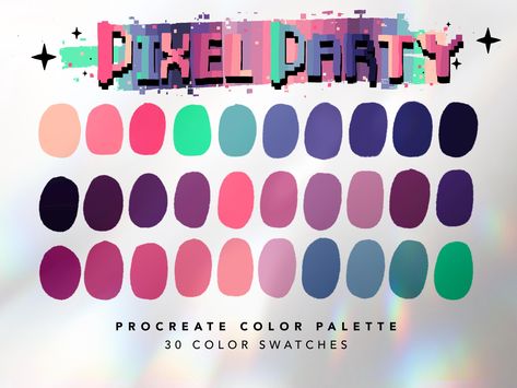 Pixel Party Color Palette For Procreate This color palette contains 30 color swatches to use in Procreate App. These colors were handpicked and were inspired by video game colors.  ⭐️ || YOU WILL RECEIVE || ⭐️ 1 x Procreate Palette Instructions 1 x JPG file with all swatches 1 x Pixel Party Color Palette for Procreate || .swatches file ⭐️ || HOW TO USE || ⭐️ 1. You will receive an email after you complete checkout with a link to download the files.  2. You can also log into your Etsy account on a web browser, NOT on the Etsy app. Go to 'Your Account', then 'Purchases and Reviews'.  Then you will be able to download the links. 3. Once you downloaded the files, you can click to open the .swatches file and it will automatically add it to your Procreate Palettes in the App. ⭐️ || PLEASE NOTE | Game Color Palette Pixel Art, Gamer Color Palette, Scenecore Color Palette, Character Design Color Palette, Pixel Art Color Palette, Cute Colour Palette, Procreate Swatches, Procreate Palettes, Color Palette Procreate