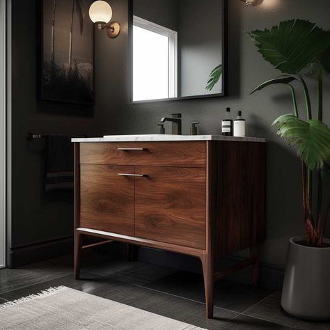 Small Bathroom Mid Century, Dark Mid Century Bathroom, Dark Mid Century Modern Bathroom, Modern Wood Bathroom Vanity, Midcentury Modern Powder Room Ideas, Bathroom With Dark Wood Vanity, Mid Century Modern Powder Room, Walnut Vanity Bathroom, Modern Bathroom Vanity Design