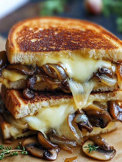 Grilled Cheese with Gouda, Roasted Mushrooms, and Onions Grilled Cheese With Gouda Roasted Mushrooms And Onions, Mushroom Onion Gouda Grilled Cheese, Roasted Mushrooms And Onions, Gourmet Camping Food, Grilled Cheese Ideas, Meal Ideas Vegetarian, Gouda Recipe, Grilled Cheese Recipes Gourmet, 2 Buns