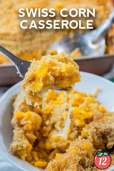 Swiss Corn Casserole, Cheesy Corn Bake, Corn Bake, Breadcrumb Topping, Tomatoes Recipes, Cheesy Corn, 12 Tomatoes Recipes, Baked Corn, Corn Casserole