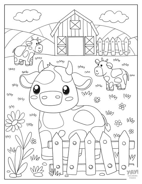 Cows on the farm with barn. Cow Colouring Pages, Colouring Pictures For Kids, Coloring Pages Farm, Farm Animals Coloring Pages, Coloring Pages Animals, Farm Drawing, Cute Coloring Pages For Kids, Zoo Animal Coloring Pages, Drawing Notebook