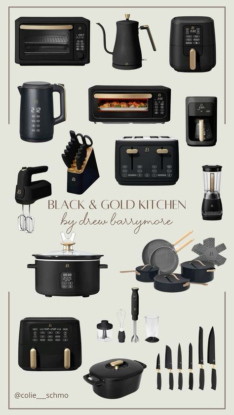 All Black Kitchen Appliances, Drew Barrymore Appliances Black, Black Kitchen Essentials, Black Accessories Kitchen, Black Kitchen Utensils Aesthetic, Black And White Kitchen Appliances, Kitchen Stuff Aesthetic, Beautiful Appliances Drew Barrymore, Black Kitchen Supplies