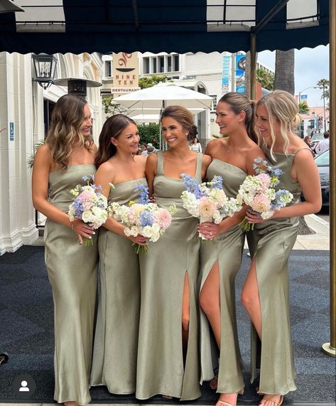 Moss Green Wedding, Light Green Bridesmaid Dresses, Bridesmaid Dress Color Schemes, Green Satin Bridesmaid Dresses, Olive Bridesmaid Dresses, Bridal Parties Colors, Olive Green Weddings, Spring Bridesmaid Dresses, Silk Bridesmaid Dresses