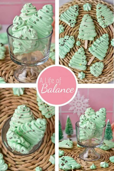 Add these fun and unique Christmas Tree Meringues to your holiday baking list! Fluffy, sweet, but not overbearingly sweet, these fun treats are super simple to make and are ready with just a minimal amount of effort. Meringue Christmas Tree Cookies, Meringue Trees Christmas, Christmas Meringue Ideas, Christmas Meringues, Christmas Tree Meringue, Tree Meringue, Christmas Meringue, Holiday Baking List, Meringue Desserts