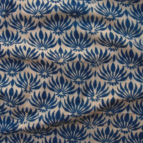 Block-Printed Fabric - 100% Cotton - Ajrak - Indigo & White Lotus Lotus Block Print, White Lotus Flower, Lotus Print, Blue Lotus, White Lotus, Flower Bud, Printed Fabric, Block Print, Printed Cotton