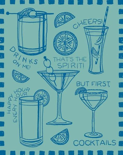 Blue Cocktails Print Happy Hour Themes, Drinking Graphics, Drinking Sayings, Happy Hour Poster, Drink Prints, Drink Posters, Every Hour Is Happy Hour, Cocktail Prints, Shot Book