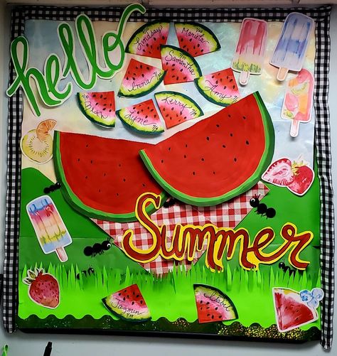 Fruit Birthday Board Classroom, Summertime Bulletin Board Ideas, May Board Ideas, Summertime Bulletin Boards, Summer Birthday Bulletin Boards, Summer Time Bulletin Boards, Summer Boards Bulletin, Summer Preschool Bulletin Boards, Summer Bulletin Board Ideas Preschool