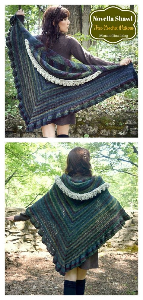 Novella Hooded Shawl Free Crochet Pattern Hooded Scarf Pattern, Hooded Shawl, Crochet Hood, Crochet Cape, Crochet Ruffle, Crochet Shawl Pattern Free, Crochet Shawls And Wraps, Shawl Patterns, Hooded Scarf