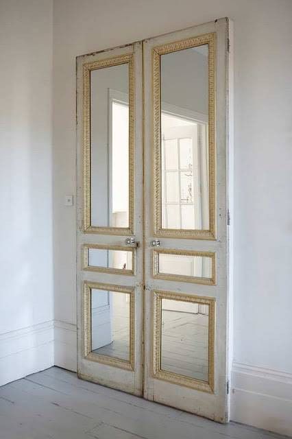 mirrors in door panels  35 shockingly simple ways to hack an ugly interior door Mirror Repurpose, Hampton House, Diy Ikea, Antique Doors, French Doors Interior, Architecture Interiors, Black Kitchen, Old Doors, Door Makeover