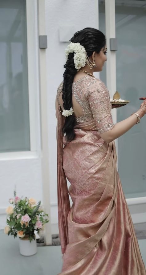 Bride Sister Saree Indian Weddings, Hairstyles For Saree Indian Wedding, Pastel Silk Sarees Bridal, Pastel Saree Wedding, Reception Saree Look, South Indian Bridesmaids, Muhurtham Saree, Pastel Saree, South Indian Wedding Saree