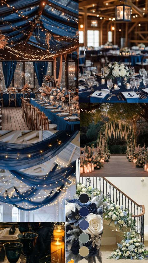 Ethereal Celestial Wedding, Navy Blue And Gold Wedding Theme Ideas, Velaris Themed Wedding, Sapphire And Silver Wedding Theme, Midnight Themed Wedding, Navy Gold Wedding Theme, Dark Blue Wedding Aesthetic, Winter Wedding Aesthetic Blue, New Year Wedding Ideas