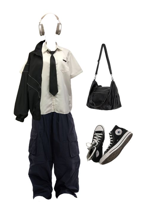 #acubi #style #trendy #outfit #ootd #blackandwhite #baggy #viral Ootd Tomboy, Y2k Acubi Fashion, Black Baggy Cargo Pants Outfit, Acubi Inspo Outfits, Style Tomboy, Clothes Acubi, Nonbinary Streetwear, Masc Outfits For Women Streetwear, Street Style Baggy