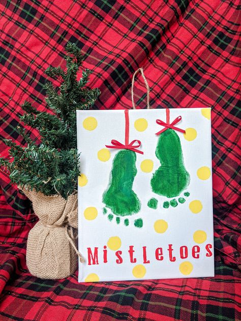 Mistletoes Footprint Complete Craft Kit, DIY Craft Kit, Christmas Craft Kit, Baby/Toddler Footprint Art, Baby/Toddle Holiday Keepsake by OwenandAutumnCraftCo on Etsy https://www.etsy.com/listing/919503325/mistletoes-footprint-complete-craft-kit Mistletoes Footprint, Footprint Canvas, Mistletoe Craft, Mistletoes Footprint Craft, Christmas Footprint Crafts, Mistletoe Footprint, Handprint Art Christmas, Handprint Christmas Cards, Christmas Footprint