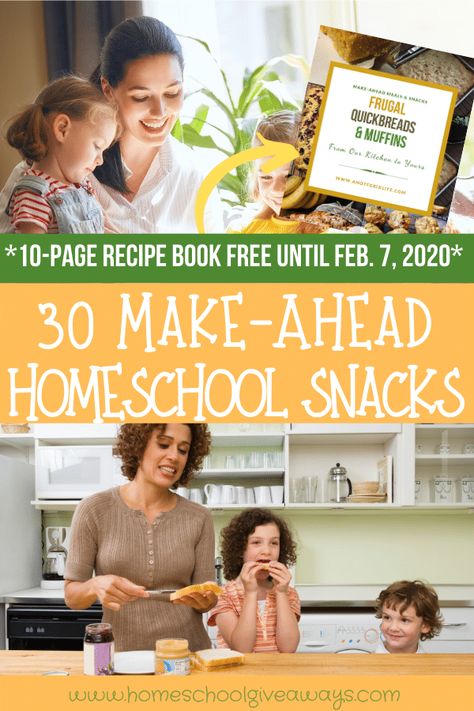 30 Make Ahead Homeschool Snacks with free recipe booklet for a limited time! #homeschoolsnacks #hsgiveaways Homeschool Snacks, Homemade School Snacks, Rhubarb Coffee Cakes, Packing School Lunches, Cornbread Easy, Kid Snacks, Homeschooling Ideas, Fun Snacks For Kids, Homeschool Life