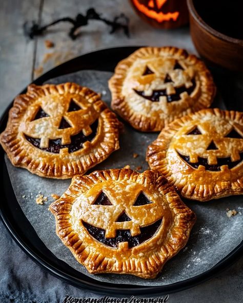 Jack-o'-Lantern Hand Pies 🎃🧡 Celebrate Halloween with these adorable Jack-o'-Lantern Hand Pies! Perfect for a festive treat, these mini pies are filled with a delicious pumpkin or apple filling and shaped like charming jack-o'-lanterns. Ideal for parties, school events, or a fun family baking activity. Get into the Halloween spirit with these spooky, tasty treats! Ingredients: • 1 package refrigerated pie crusts: For the pie dough. • 1 cup pumpkin puree or apple pie filling: Your choice of fi... Apple Pie Halloween, Mini Halloween Pies, Halloween Hot Food, Halloween Mini Pies, Halloween Pies Ideas, Halloween Hand Pies, Halloween Pie Crust Designs, Samhain Baking, Halloween School Snacks