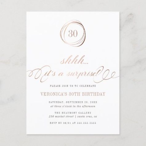 $ 1.95 | Shh.. It's a Surprise Rose Gold Surprise Party - shh its a surprise, surprise birthday party, surprise party, faux rose gold foil, minimalist typography and script, trendy modern, formal, elegant classical flourishes, hand-drawn stripes and dots pattern, white and rose gold Birthday Party Surprise, Modern Invitation Design, Surprise Party Invitations, Surprise Birthday Invitations, Rose Gold Invitations, Birthday Surprise Party, Surprise Party, Modern Invitation, Rose Gold Foil