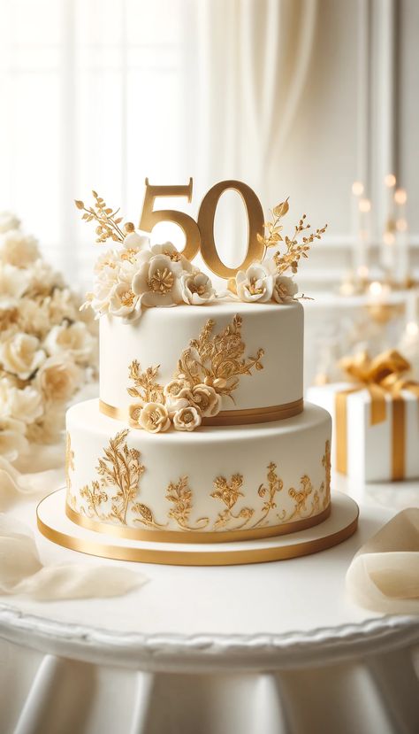 🎂 21 Mind-Blowing Cake Decorating Ideas You Need to Try Right Now! 🍰 50th Golden Wedding Anniversary Ideas, 50 Anniversary Cake Ideas, Gold Two Tier Cake, White And Golden Cake, Anniversary Cake 50th, 50th Wedding Anniversary Cakes Gold, 50th Anniversary Cake Ideas, Gold Cake Design Birthday, Two Tier Cake Designs