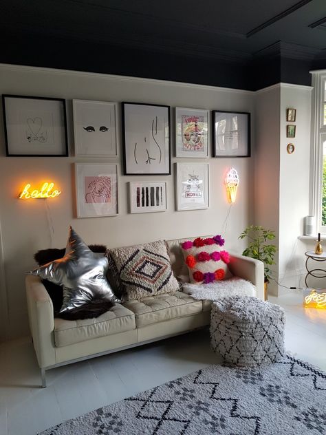 Add neon lights into a gallery wall to add interest. #violetandthistle #neon Large Wall Behind Couch Decor, Wall Behind Couch Decor, Gallery Wall Ideas Stairs, Behind Couch Decor, Wall Behind Couch, Quirky Office, Pole Room, Neon Sign Ideas, Couch Wall Decor