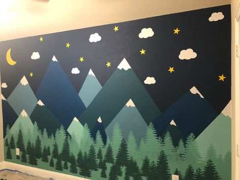 Forest Mural Nursery, Forest Mural Bedroom, Mountain Bulletin Board, Forest Nursery Mural, Mountain Themed Bedroom, Boys Room Mural, Forest Classroom, Star Bedroom, Mountain Mural