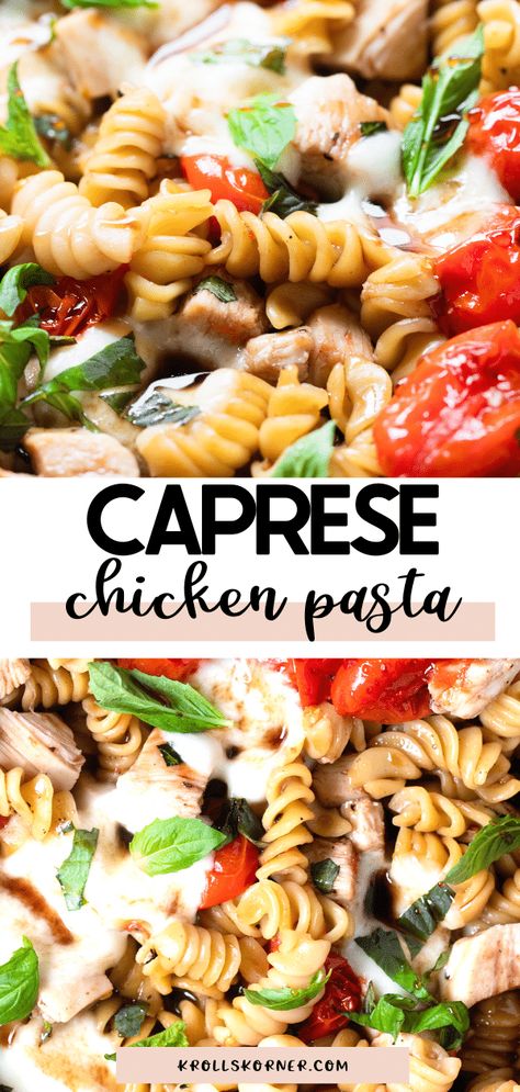 Easy+Chicken+Caprese+Pasta Chicken Caprese Pasta, Chicken Caprese Recipe, Chicken Mozzarella Pasta, Tomato Basil Chicken, Chicken Caprese, Mozzarella Pasta, Caprese Pasta Salad, Caprese Pasta, Mozzarella Recipes