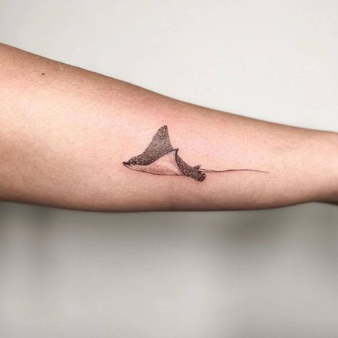 Spotted Eagle Ray Tattoo, Eagle Ray Tattoo, Underwater Tattoo, Stingray Tattoo, Black Line Tattoo, Homemade Tattoos, Spotted Eagle Ray, Ray Tattoo, Famous Tattoo Artists