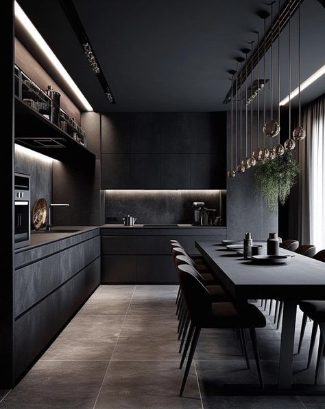 Black Kitchen Design, Modern Black Kitchen, Серая Кухня, Dark Living Rooms, Black Interior Design, Sleek Kitchen, Black Living Room, Dark Theme, Dark Interiors