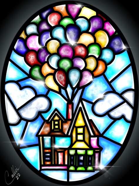 Stained Glass Up by CallieClara on DeviantArt Chateau Disney, Glass Art Installation, Disney Stained Glass, Deco Disney, Up The Movie, Painted Glass Art, Disney Up, Beach Glass Art, Stained Glass Christmas