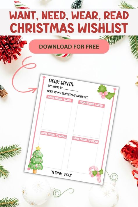 Want, Need, Wear, Read Christmas Printable List Need Read Want Wear Christmas, Christmas List Want Need Wear Read, Something I Want Something I Need List, Want Need Wear Read Printable, 4 Gift Rule, Christmas List Printable, Want Need Wear Read, Christmas List Template, Christmas Jello Shots