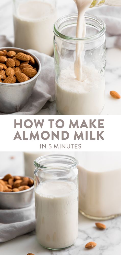 Want to learn how to make almond milk? You only need 5 minutes, a couple ingredients, and a high speed blender to make the richest and creamiest almond milk you'll ever have. Vegan, Whole30, and paleo! #almondmilk #vegan #whole30 #paleo #dairyfree Diy Almond Milk, Almond Milk Recipes Homemade, Make Almond Milk, Almond Milk Recipes, Homemade Almond Milk, Vegan Milk, Vanilla Almond Milk, Raw Almonds, Pita Chips