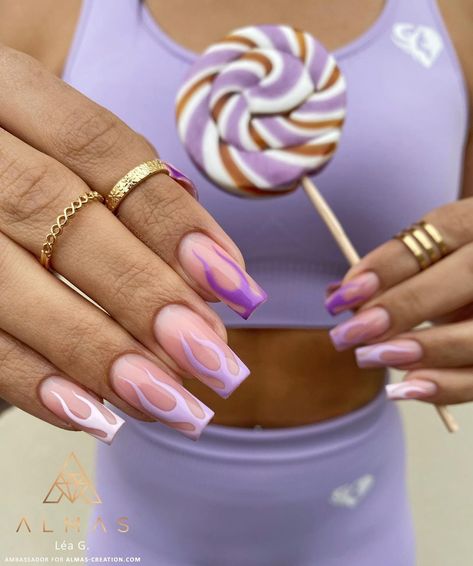 Purple Flame Nails, Flame Nails, Purple Flame, Acrylic Nail Set, Purple Nail Designs, Coffin Press On Nails, Dope Nail Designs, Ballerina Nails, Pink Acrylic Nails