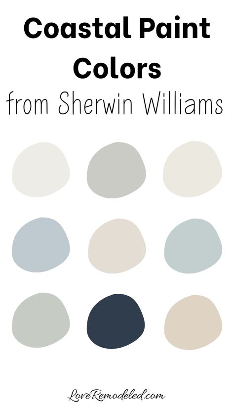 These are the best coastal paint colors from Sherwin Williams.  These beachy paint colors can be used to develop your own coastal paint palette. Beachy Neutral Paint Colors, Coastal Palette Sherwin Williams, Coastal Furniture Paint Colors, Coastal Home Interior Paint Colors, Sherwin Williams Beachy Colors, Beach House Sherwin Williams Paint, Coastal Blue Exterior Paint Colors, Modern Coastal Paint Palette, Sherwin Williams Sea Salt Accent Colors