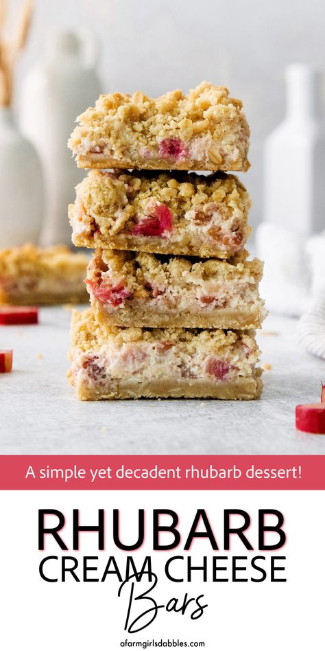 Rhubarb Cream Cheese Bars, Cheese Bars Recipe, Cream Cheese Bars Recipe, Recipes Using Cream Cheese, Best Rhubarb Recipes, Oat Crust, Field Meals, Rhubarb Recipes Crisp, Rhubarb Bars