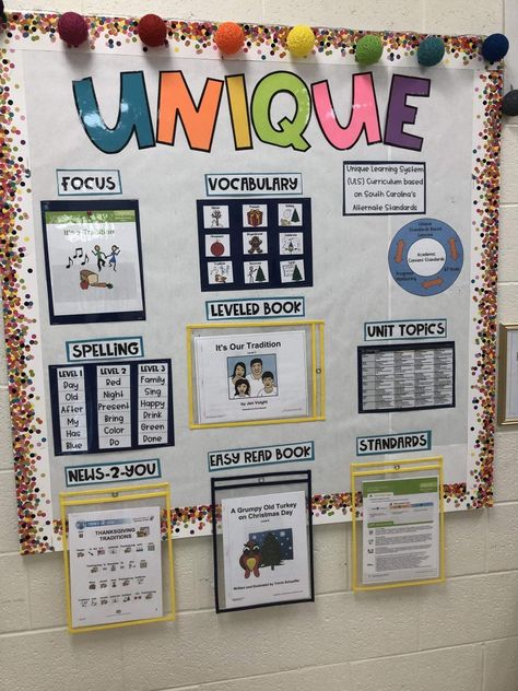 Uls Unique Learning System Bulletin Board, Life Skills Room Setup, Self Contained Classroom Bulletin Board, Unique Learning System Bulletin Board, Moderate Severe Classroom Ideas, Special Ed Bulletin Boards, Bulletin Board Ideas Special Education, N2y Unique Learning System, Unique Curriculum Special Education