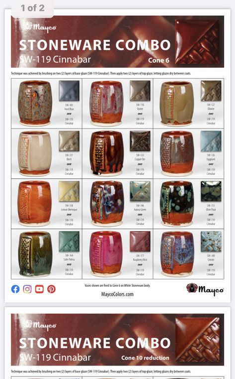 Cinnabar Glaze Combinations, Mayco Stoneware Glazes, Clay Throwing, Ceramics Diy, Glaze Layering, Clay Arts, Glaze Combinations, Beginner Pottery, Ceramic Glaze Recipes