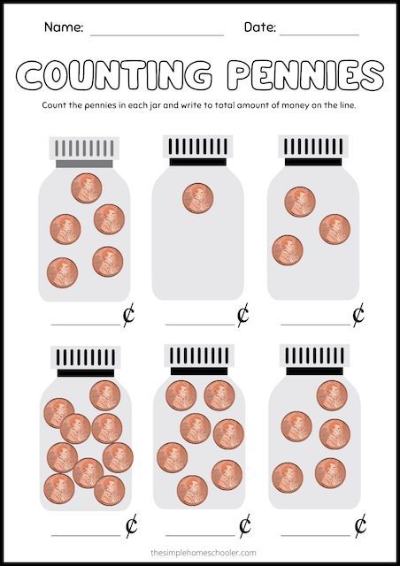 Super Fun Counting Pennies Worksheets: Free and Printable! - The Simple Homeschooler Counting Money Worksheets Kindergarten, Counting Pennies Worksheet, Kindergarten Money, Counting Money Activities, Kindergarten Money Worksheets, Money Kindergarten, Money Learning, Counting Pennies, Counting Money Worksheets