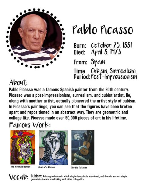 At Home Art Lessons for Kids  |  Pablo Picasso Art Projects  |  Ages Kinder - 6th grade  | Homeschool art lessons  | Picasso Art For Kids, Art Handouts, Art History Lessons, Pablo Picasso Art, Istoria Artei, Art Theory, Art Worksheets, Art Lessons For Kids, Picasso Art