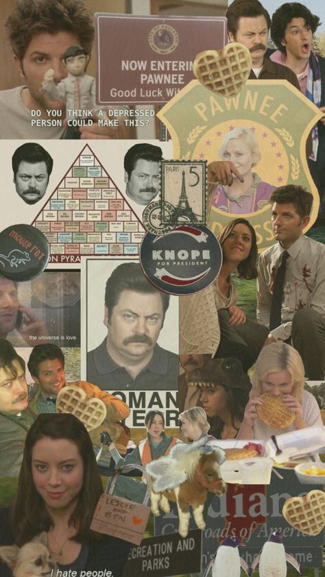 #parksandrec #parksandrecreation #leslieknope #ronswanson #pawnee #collage #sitcom Parks And Rec Wallpapers, Parks And Recreation Aesthetic, Parks And Recreation Wallpaper, Andy And April, Movie Collage, Parks And Rec, Kathryn Hahn, Leslie Knope, Ron Swanson