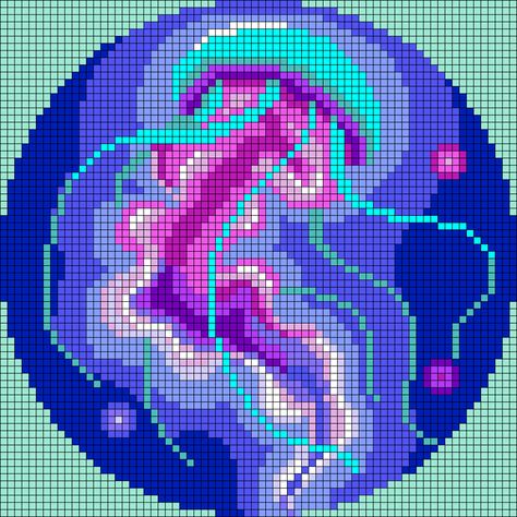 Alpha pattern #166631 | BraceletBook Perler Beads Projects, 64x64 Pixel Art Grid, Free Pixel Art Templates, Large Pixel Art Pattern, Jellyfish Perler Bead Patterns, Jellyfish Pixel Art, Ocean Pixel Art, Pixel Grid Pattern, Big Pixel Art