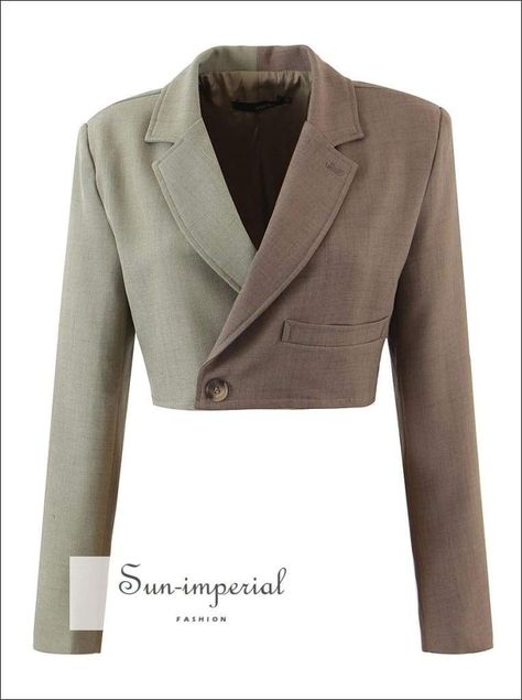 Women Green and Gray Colorblock Notched Collar Long Sleeve Cropped Blazer Coat Double Buttoned 2 piece Blazer And Skirt Set, Green And Gray, Design Stand, Blazer And Skirt, Cropped Blazer, Plus Size Shopping, Dress For Short Women, Color Contrast, Plus Dresses