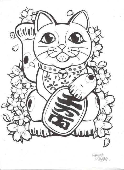 Lucky Lucky Cat Tattoo, Kitty Tattoos, See Tattoo, Cat Tattoo Designs, Tattoo Traditional, Neko Cat, Japanese Cat, Cat Coloring Page, Japanese Tattoo Art