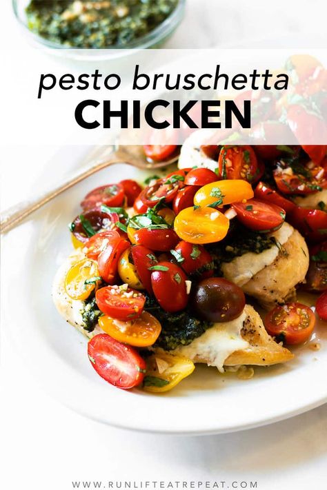 This pesto bruschetta chicken is made with simple feel-good ingredients and is on the table in 35 minutes! This recipe has layers of flavors from the pesto, to the bruschetta, to the chicken. It's a rave-worthy recipe that will be on repeat no matter the time of year! Pesto Bruschetta, Chicken Bruschetta Recipe, Easy Summer Dinner, Pan Seared Chicken Breast, Bruschetta Toppings, Chicken On A Stick, Marinated Tomatoes, Seared Chicken Breast, Easy Summer Dinners