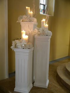 Candle light coloums wedding venue decoration Wedding Decorations For Church, Pillar Decorations, Wedding Columns, Column Decoration, Wedding Pillars, Church Wedding Decorations, Wedding Sparklers, Wedding Venue Decorations, Aisle Decor