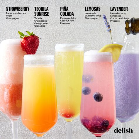 Bridal Brunch Drink Ideas, Mimosa Recipe Ideas, Brunch Mimosa Recipe, Birthday Drink Recipes Alcoholic, Cute Brunch Drinks, Mimosa Bar Flavors, Mimosa Ideas Brunch Recipes, Mimosa Flights At Home, At Home Mimosa Bar