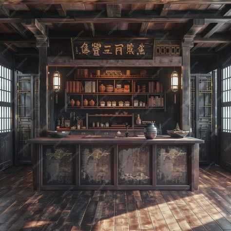 3D rendering of an old Chinese kitchen in a traditional Chinese house | Premium AI-generated image Traditional Chinese House Interior, Chinese Interior Design Traditional, Chinese House Interior, Traditional Japanese Kitchen, Chinese Bar, Traditional Chinese House, Tea House Design, Chinese Interior Design, Chinese House