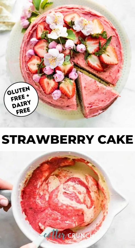 Learn how to make the best Gluten Free Strawberry Cake Recipe with homemade strawberry frosting! Made with simple ingredients and no artificial flavors, it turns out flavorful and moist with ease. Dairy-Free option, too! Dairy Free Strawberry Cake, Gluten Free Strawberry Cake Recipe, Homemade Strawberry Frosting, Gluten Free Dairy Free Cake, Cake With Strawberry Frosting, Gluten Free Strawberry Cake, Heavenly Dessert Recipe, Cotter Crunch, Strawberry Cake Recipe