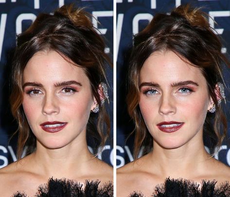 Almond Eyes Celebrities, Long Face Celebrities, Emma Watson Eye Makeup, Blue Eyes Vs Brown Eyes, Emma Watson Eyes, Emma Watson Color Analysis, People With Blue Eyes Be Like, Girls With Small Lips, Blue Make Up For Brown Eyes