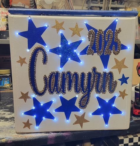 Cheer Crate Ideas, Senior Cheer Box Ideas, Cheer Boxes Designs High School, Cheer Box Ideas High School, Cheer Box Ideas, Hoco Overalls, Senior Basket, Cheer Box, Varsity Cheer