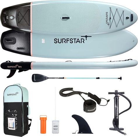 surfstar Inflatable Paddle Board with Camera Mount Fiberglass Paddle, 10'6"x33"x6" Stand Up Paddle Board for Adults, SUP Standing Boat with Sup Accessories and Travel Backpack for All Skill Levels #CommissionseEarned Backpacking For Beginners, Stand Up Paddling, Sup Boards, Sup Accessories, Inflatable Paddle Board, Stand Up Paddle Board, Sports Camera, Paddle Board, Waterproof Bags